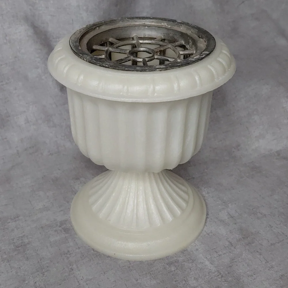 Vintage Off White Urn Planter With Flower Frog Insert